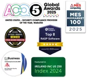 Waratek award badges: ACQ5 Global Awards 2025 Security Compliance Provider of the Year, MES Midmarket 100 2025, Global InfoSec Awards 2025 Winner from Cyber Defense Magazine, Expert Insights Top 8 RASP Software Q1 2025, EU Business News Irish Enterprise Awards 2025, and Ireland INC US 250 Index 2024