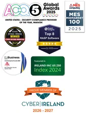 Waratek award badges: ACQ5 Global Awards 2025 Security Compliance Provider of the Year, MES Midmarket 100 2025, Global InfoSec Awards 2025 Winner from Cyber Defense Magazine, Expert Insights Top 8 RASP Software Q1 2025, EU Business News Irish Enterprise Awards 2025, Ireland INC US 250 Index 2024, and Cyber Ireland Proud Member 2026-2027