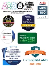 Waratek award badges: ACQ5 Global Awards 2025 Security Compliance Provider of the Year, MES Midmarket 100 2025, Global InfoSec Awards 2025 Winner from Cyber Defense Magazine, Expert Insights Top 8 RASP Software Q1 2025, EU Business News Irish Enterprise Awards 2025, Ireland INC US 250 Index 2024, GRC Outlook Innovators AI-Generated Vulnerabilities Solution Provider of the Year 2026, and Cyber Ireland Proud Member 2026-2027