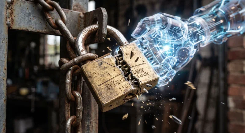 AI-generated illustration. AI is breaking through defenses built for a slower threat model. A glowing robotic hand shattering a rusted padlock on a chained gate