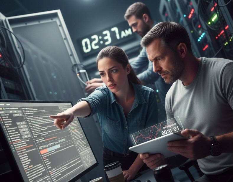 Cybersecurity team deploying a patch in the middle of the night