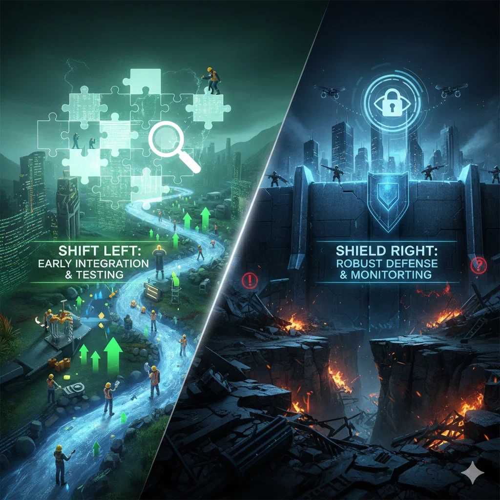 Shift Left / Shield Right framework diagram: Waratek IAST finds vulnerabilities during development; Waratek RASP blocks attacks in production
